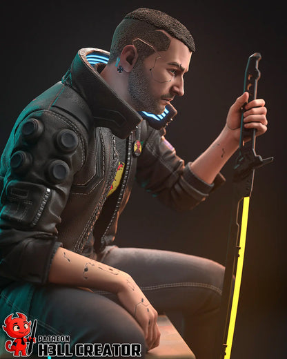 Male V Cyberpunk 2077 resin statue with glowing katana, Samurai jacket, and cyberpunk base – 3D printed display figure for collectors