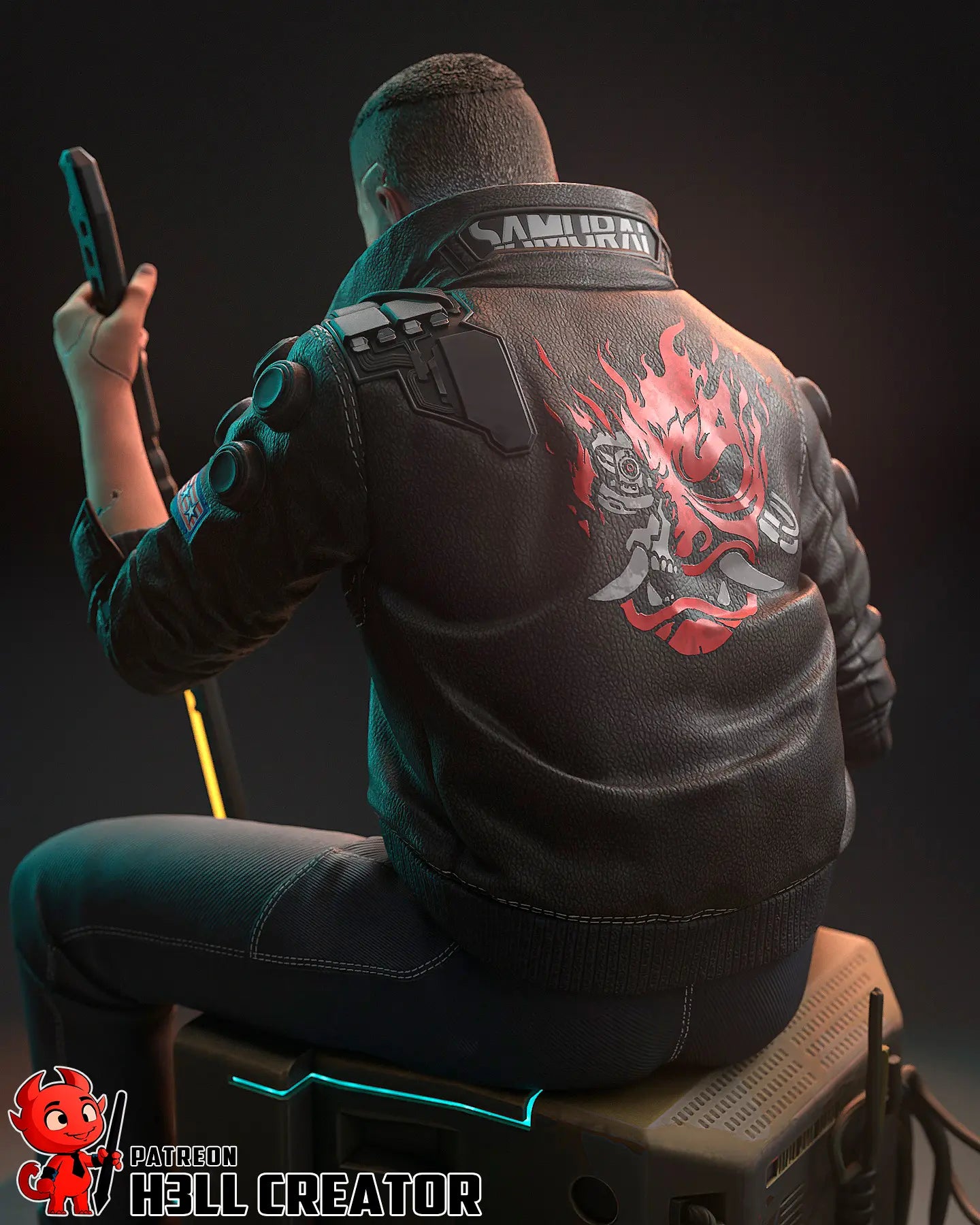 Male V Cyberpunk 2077 resin statue with glowing katana, Samurai jacket, and cyberpunk base – 3D printed display figure for collectors