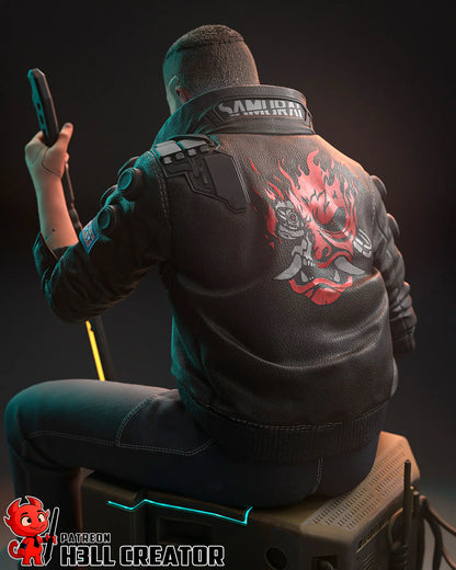 Male V Cyberpunk 2077 resin statue with glowing katana, Samurai jacket, and cyberpunk base – 3D printed display figure for collectors