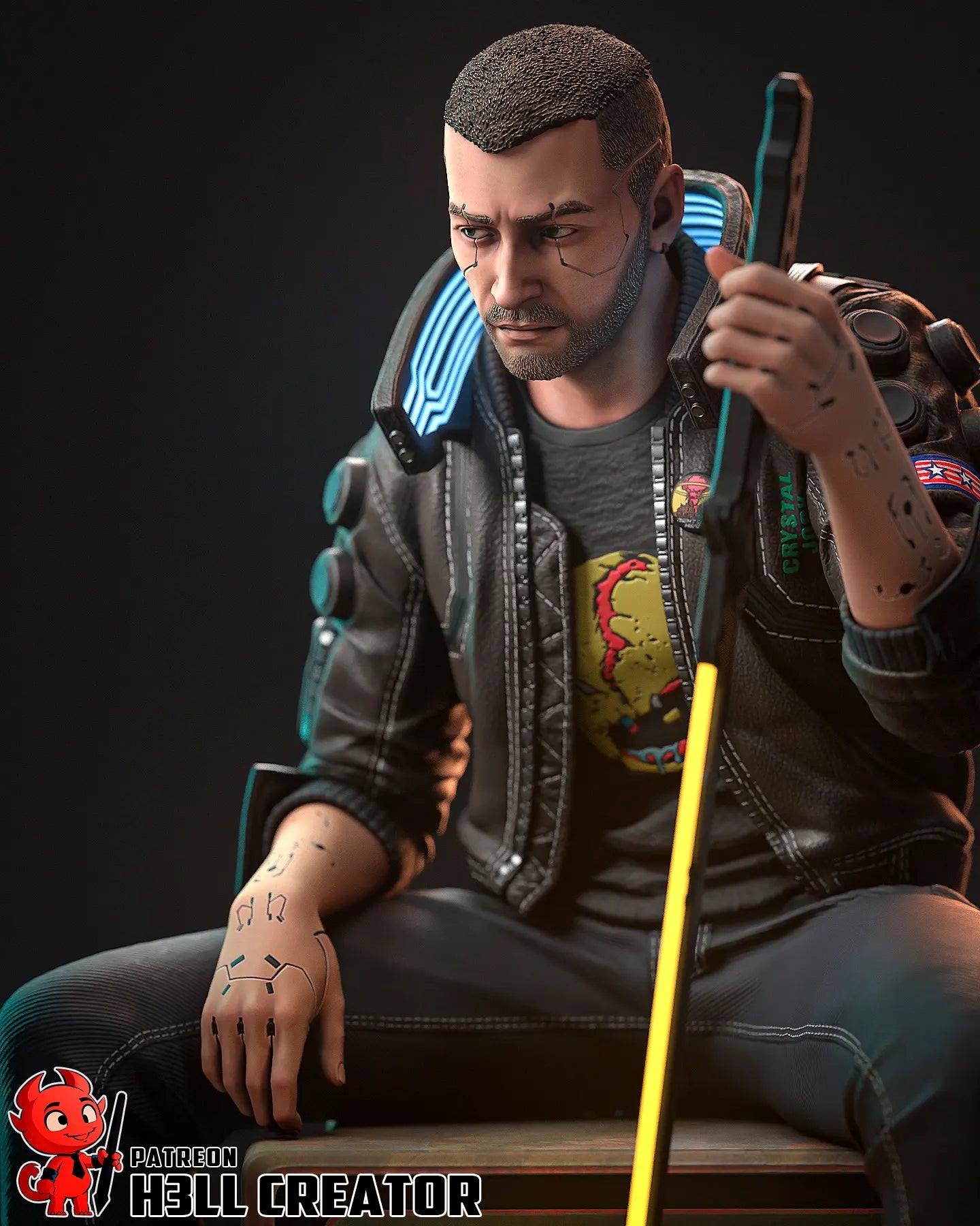 Male V Cyberpunk 2077 resin statue with glowing katana, Samurai jacket, and cyberpunk base – 3D printed display figure for collectors