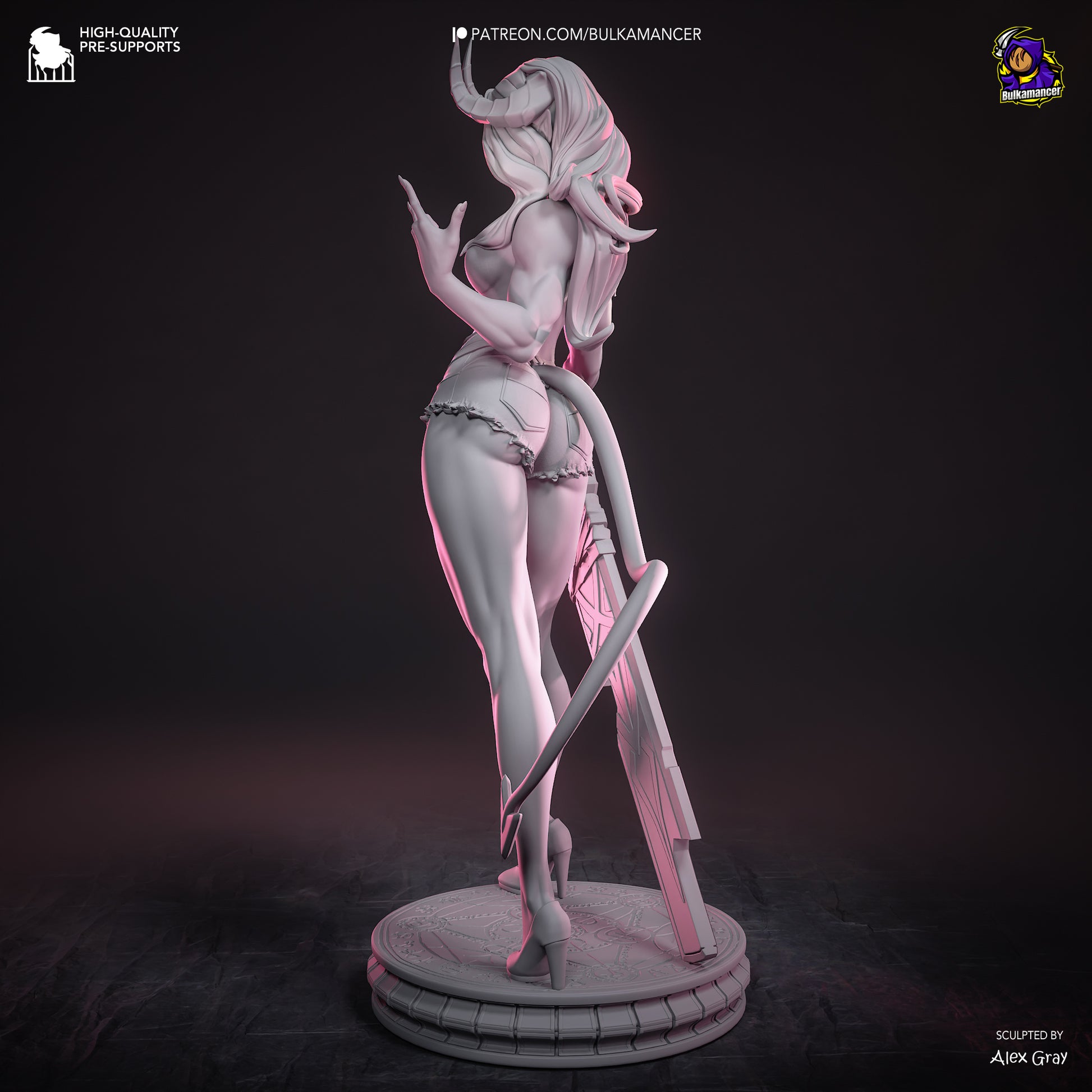 Rear view of Malevola render in gray resin statue showing back detail and flowing hair sculpt.
