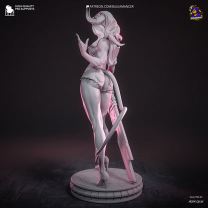 Rear view of Malevola render in gray resin statue showing back detail and flowing hair sculpt.