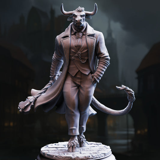 Statue of a creature in a suit with a dark background