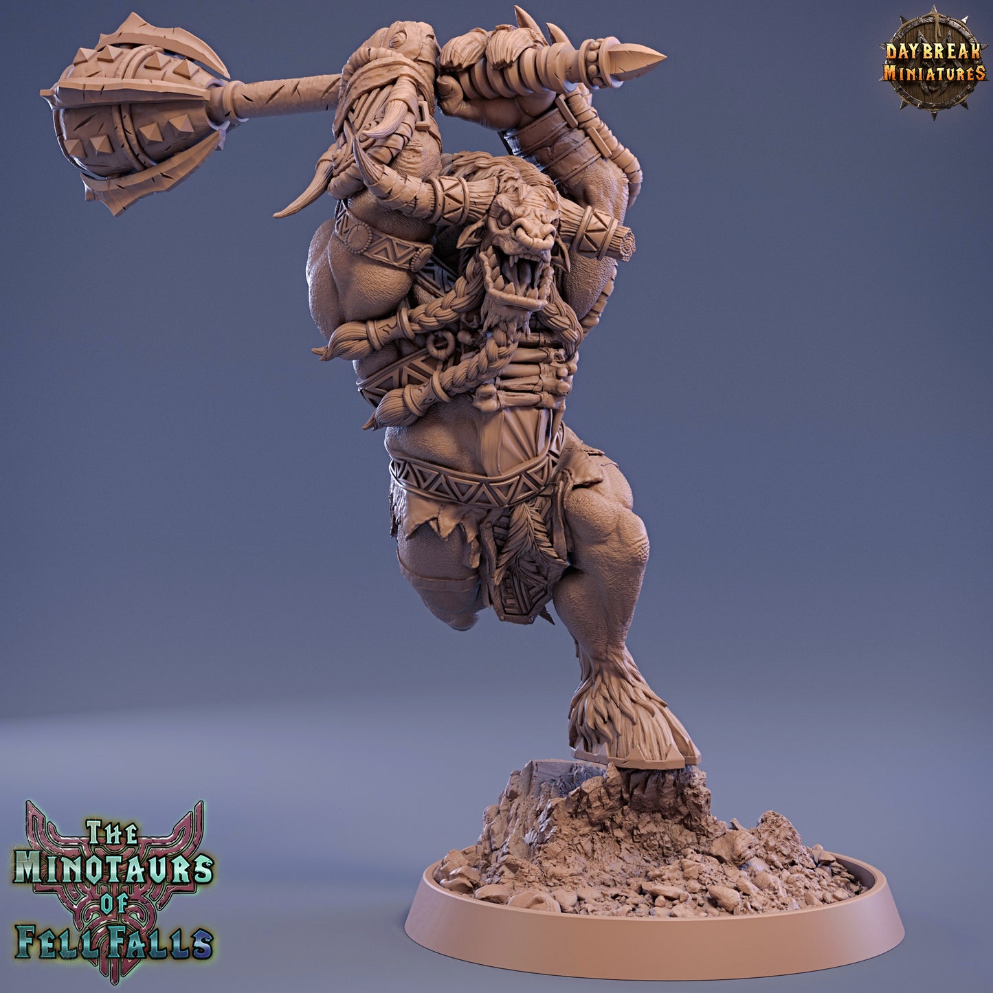 Minotaur figurine with a weapon on a blue background, featuring 'Daybreak Miniatures' branding.
