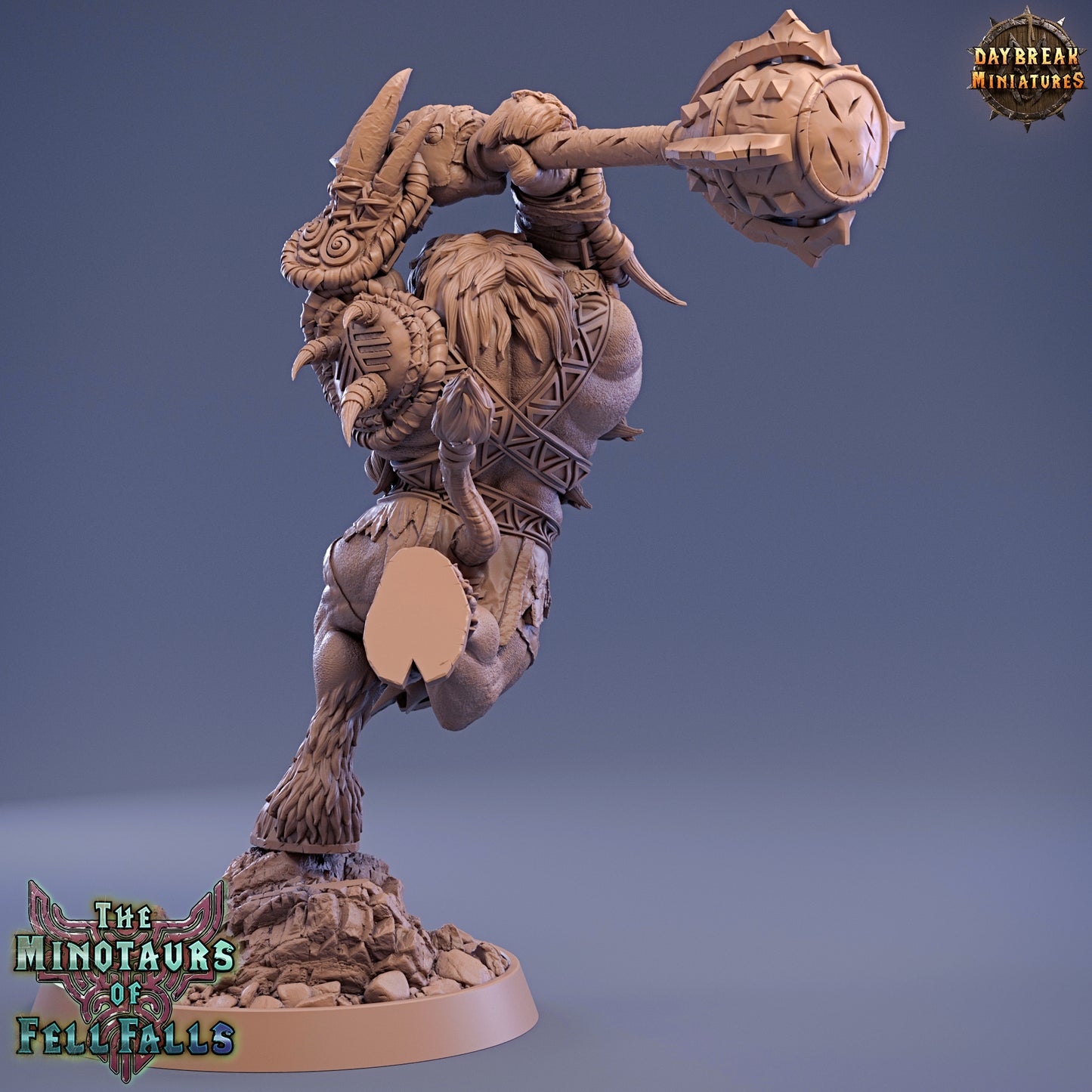 Minotaur figurine with a club on a gray background, featuring 'Daybreak Miniatures' branding.