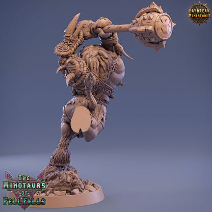 Minotaur figurine with a club on a gray background, featuring 'Daybreak Miniatures' branding.