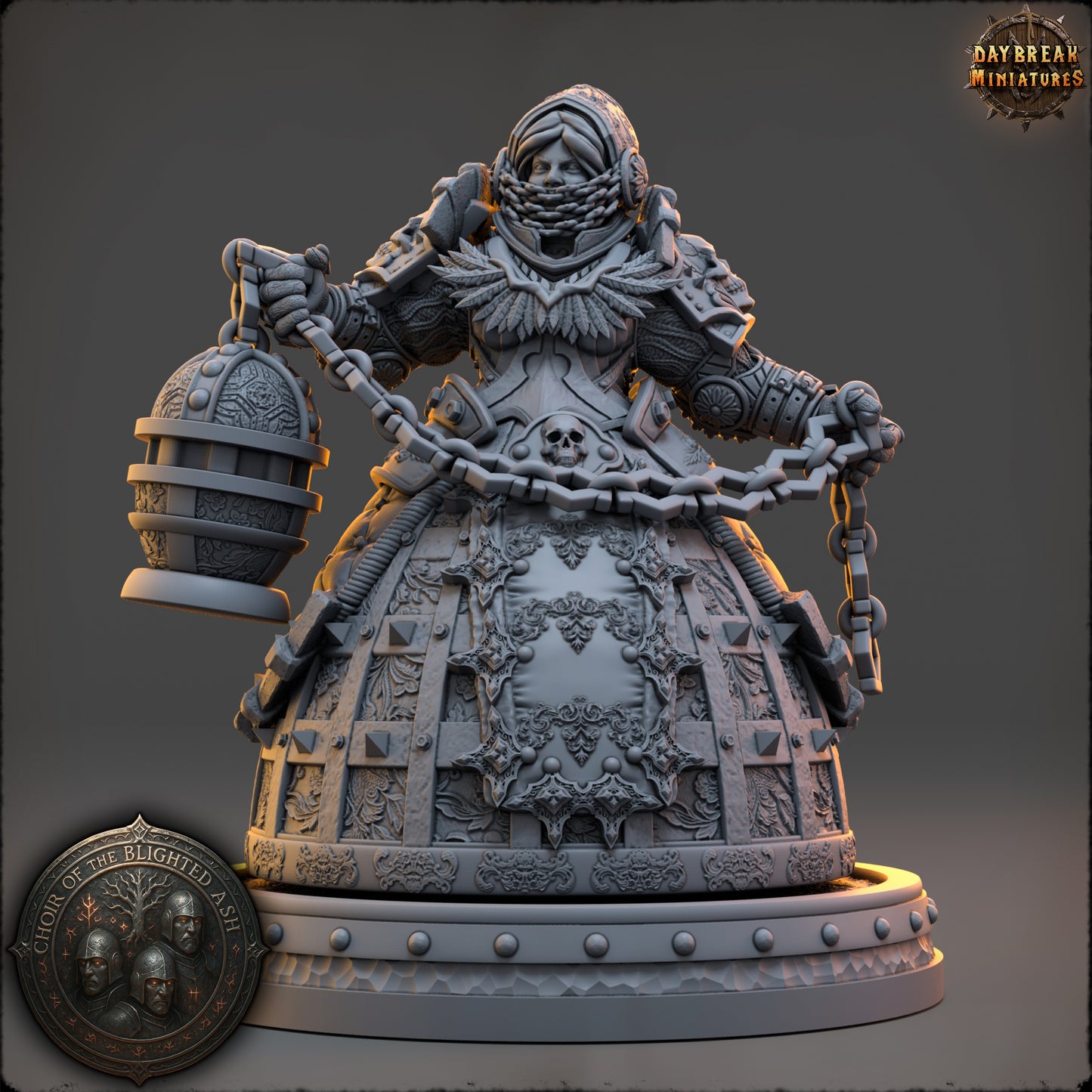 Marwen Solace Purifier of the Blighted Ash resin miniature by Daybreak Miniatures with censer and engraved armor | D&K Custom Prints