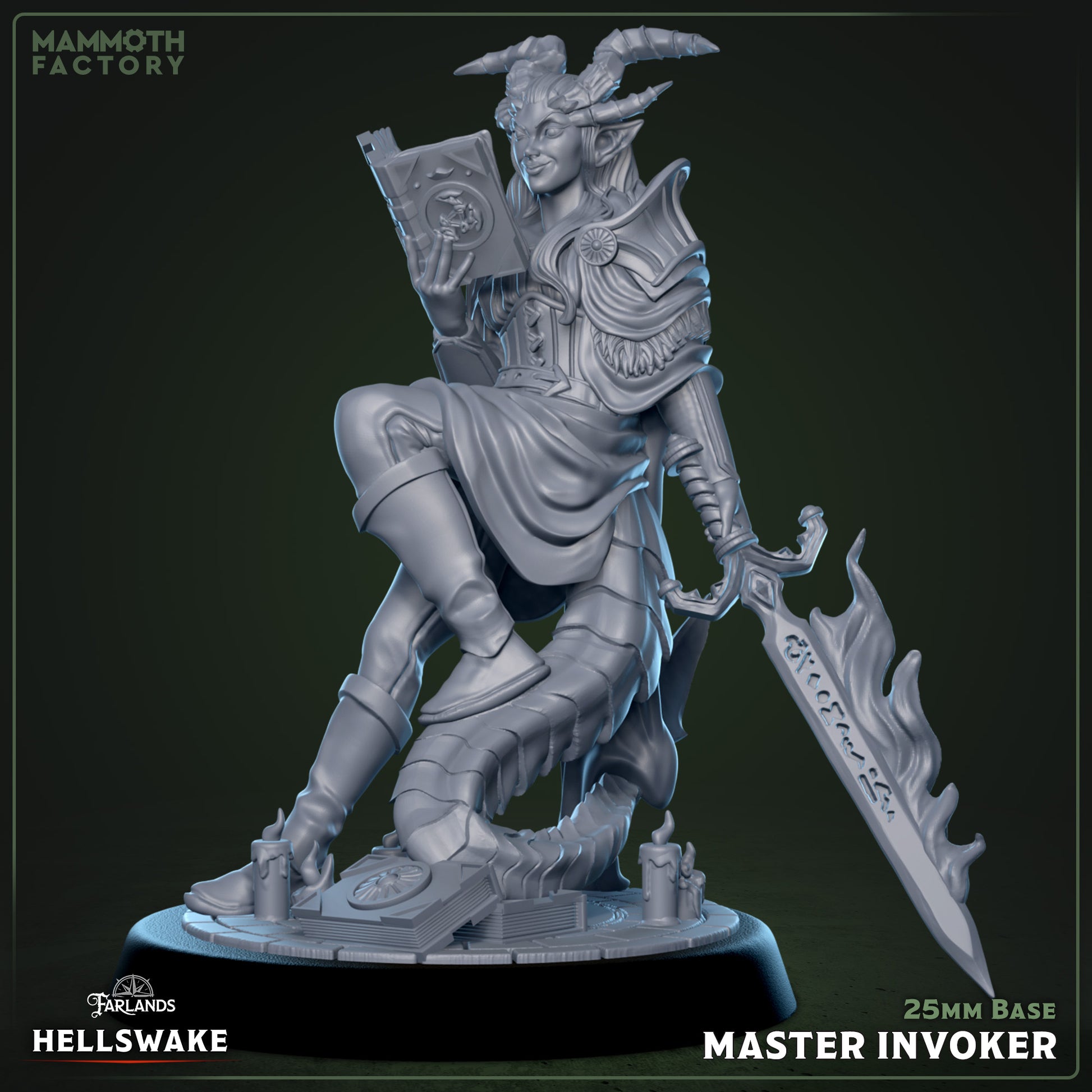 Idreleys Master Invoker resin miniature on 25 mm base — detailed spellcaster holding a book and flaming sword for tabletop RPGs.