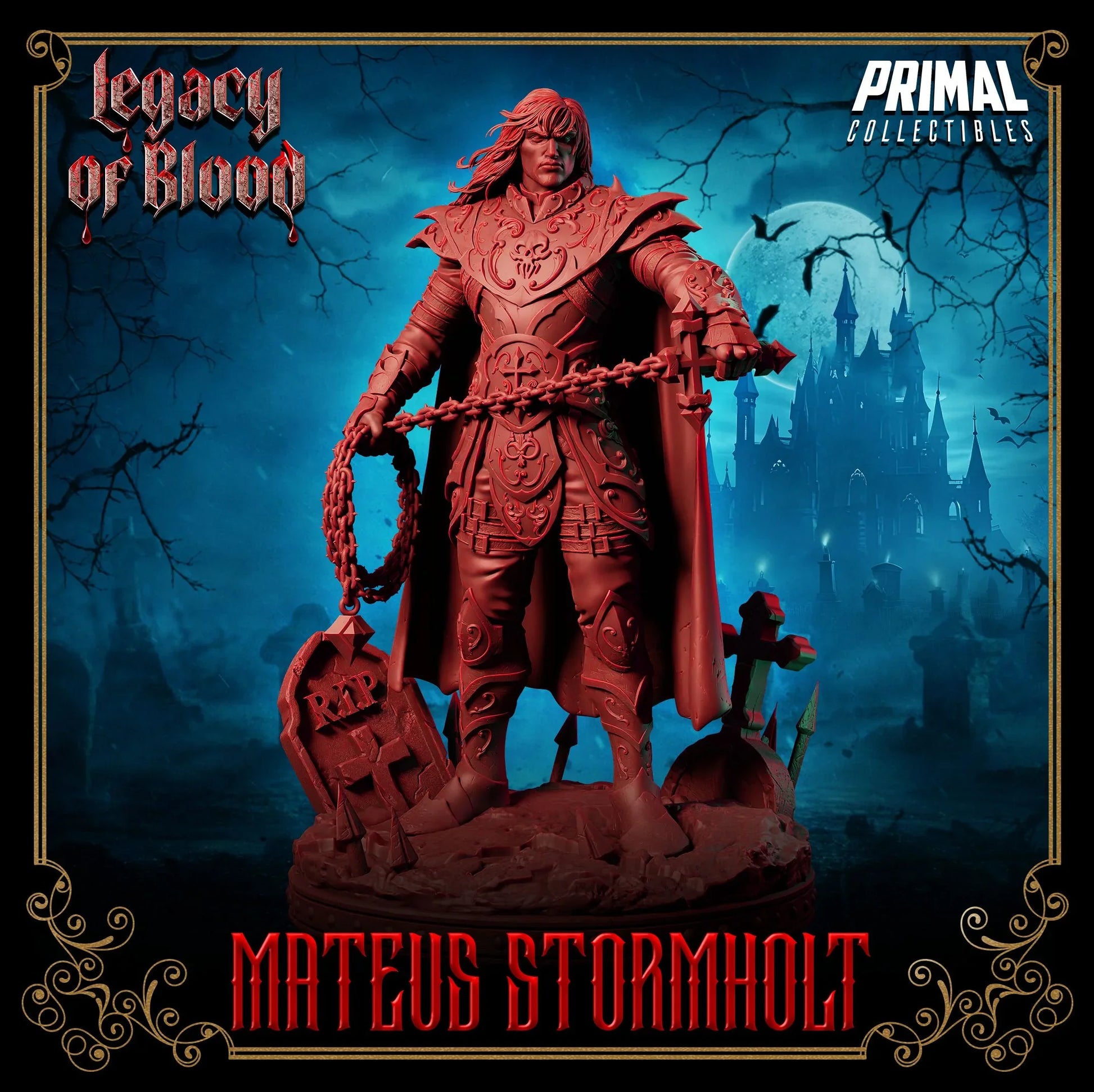 Mateus Stormholt vampire knight miniature in heavy armor with chain weapon – gothic fantasy 3D printed model for D&D or display