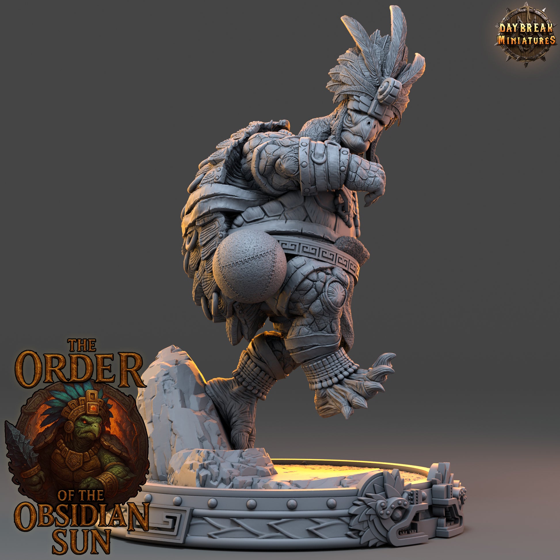 Mazotl Stonehide resin miniature, tortle gladiator from the Order of the Obsidian Sun, dynamic fantasy warrior for TTRPG boss fights or encounters.