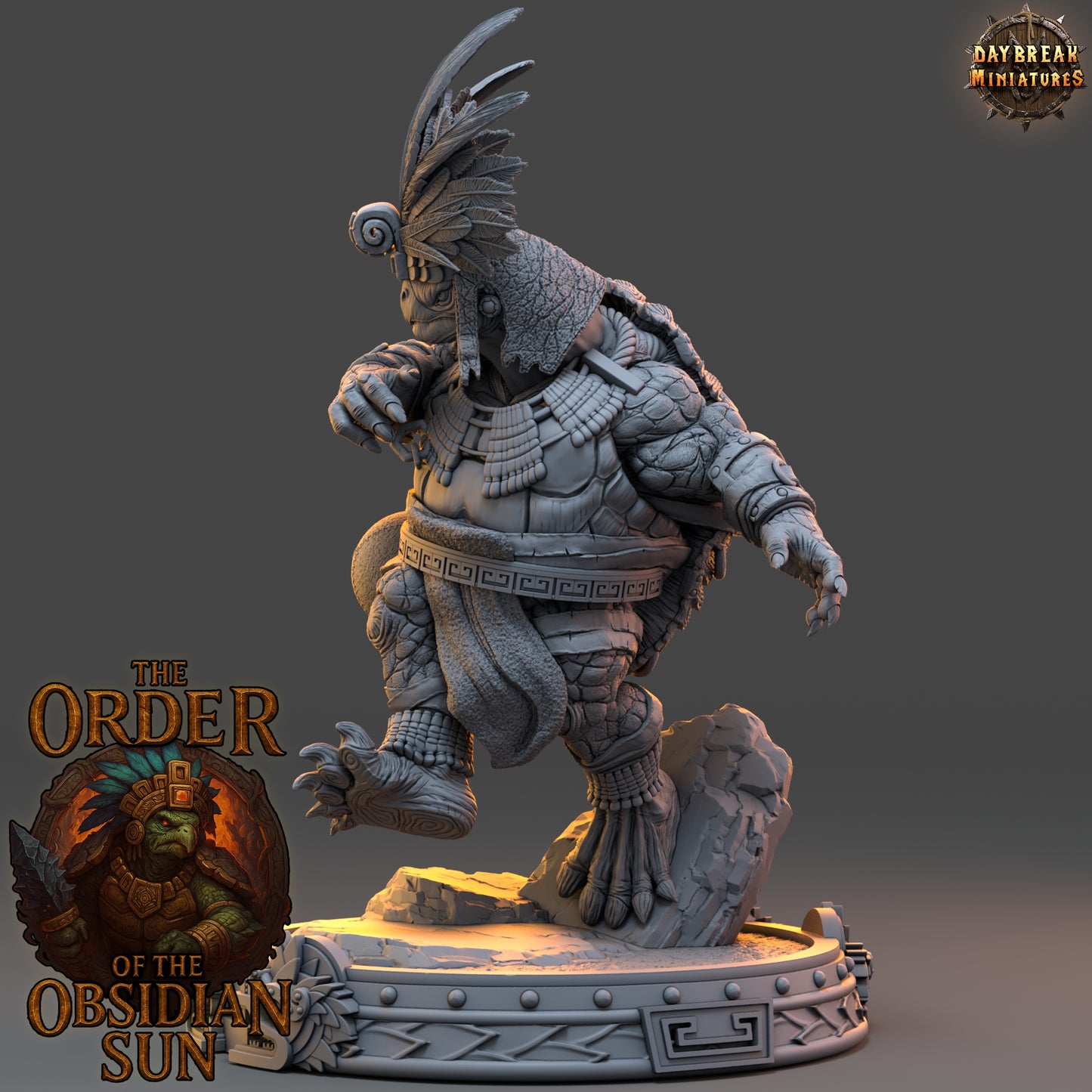 Mazotl Stonehide resin miniature, tortle gladiator from the Order of the Obsidian Sun, dynamic fantasy warrior for TTRPG boss fights or encounters.