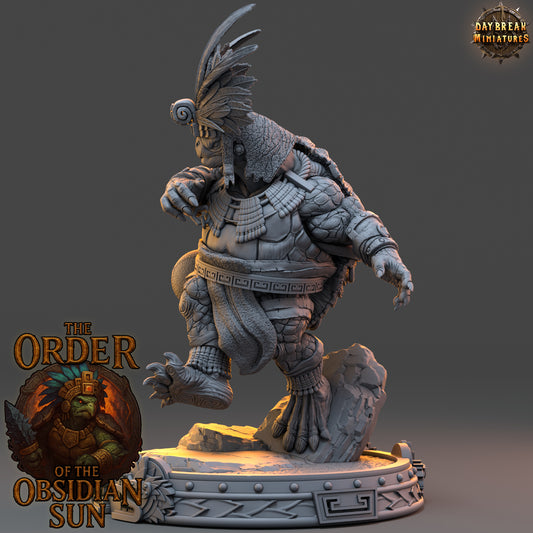 Mazotl Stonehide resin miniature, tortle gladiator from the Order of the Obsidian Sun, dynamic fantasy warrior for TTRPG boss fights or encounters.