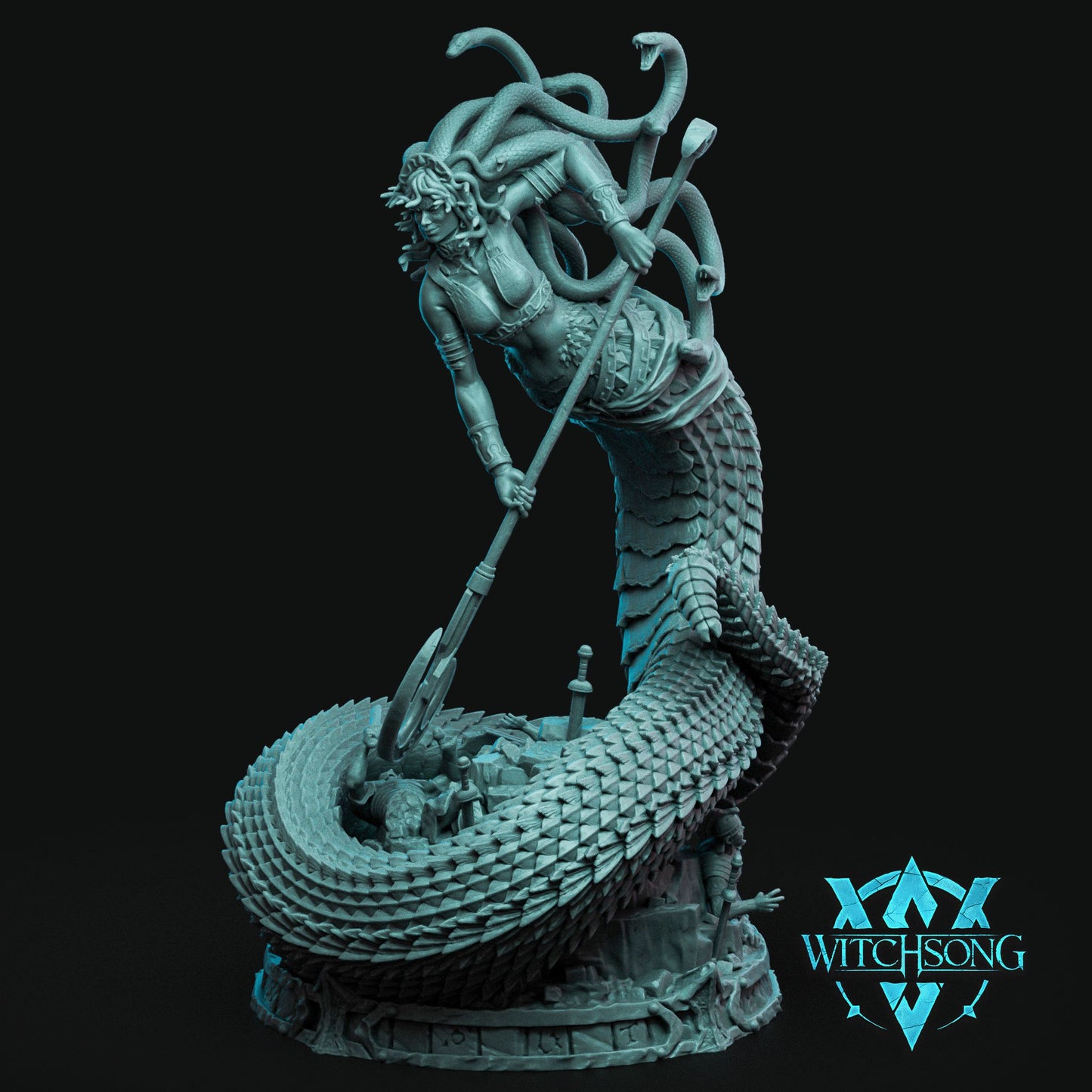 Statue of a snake-haired figure with a spear, branded 'Witchesong', on a black background.