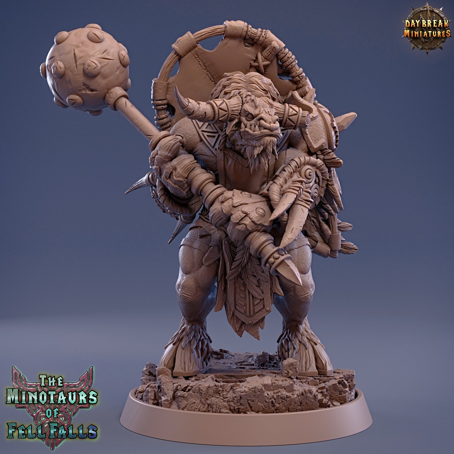 Minotaur figurine with a ball and chain on a dark blue background, featuring 'Daybreak Miniatures' logo.