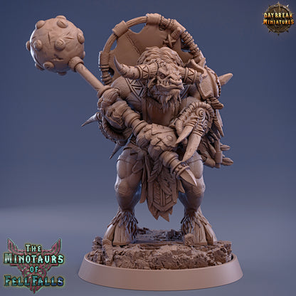 Minotaur figurine with a ball and chain on a dark blue background, featuring 'Daybreak Miniatures' logo.