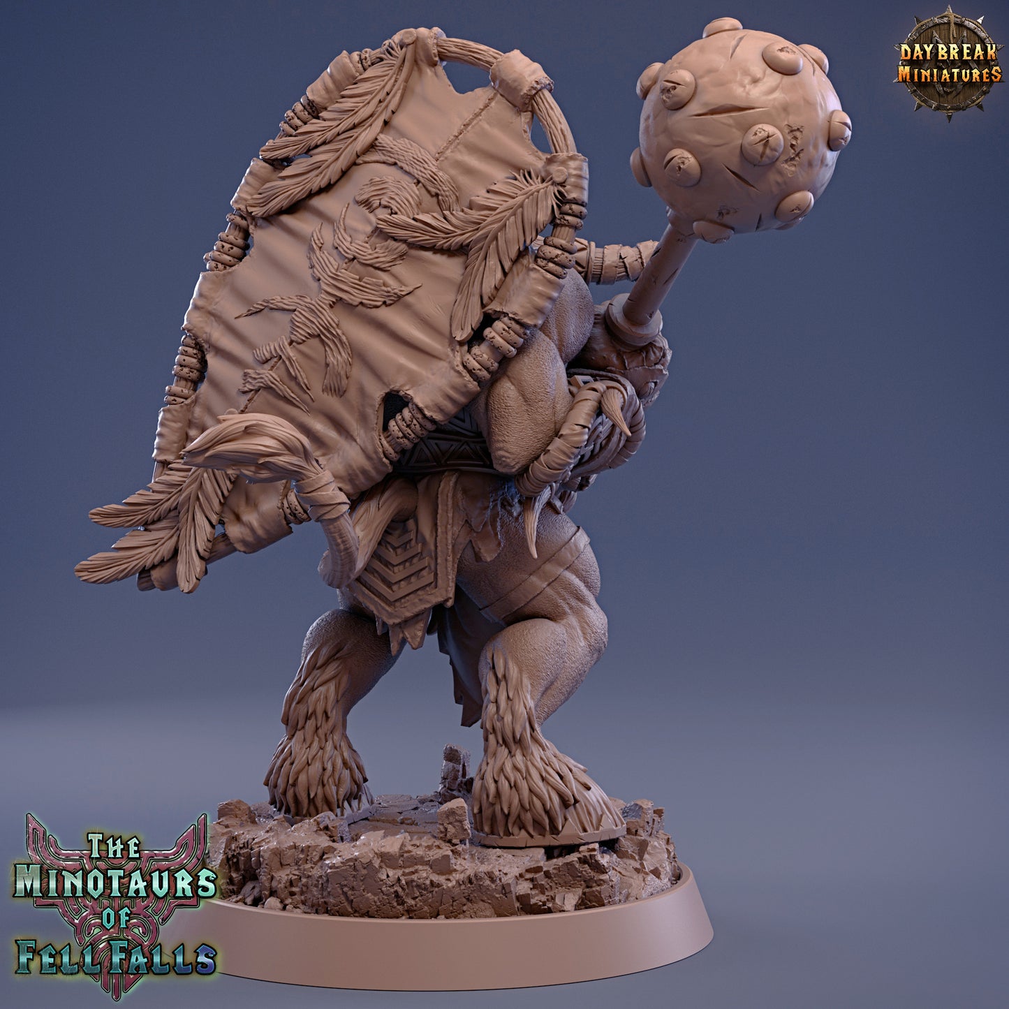 Minotaur figurine with a ball on a blue background, featuring 'Daybreak Miniatures' branding.
