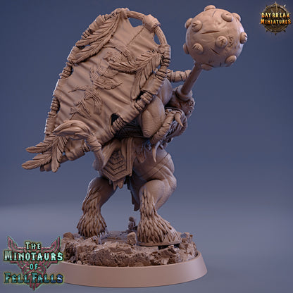 Minotaur figurine with a ball on a blue background, featuring 'Daybreak Miniatures' branding.