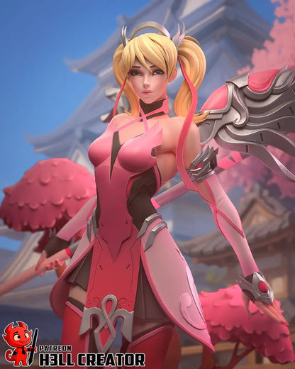 Mercy Overwatch statue close-up in pink armor with cherry blossoms