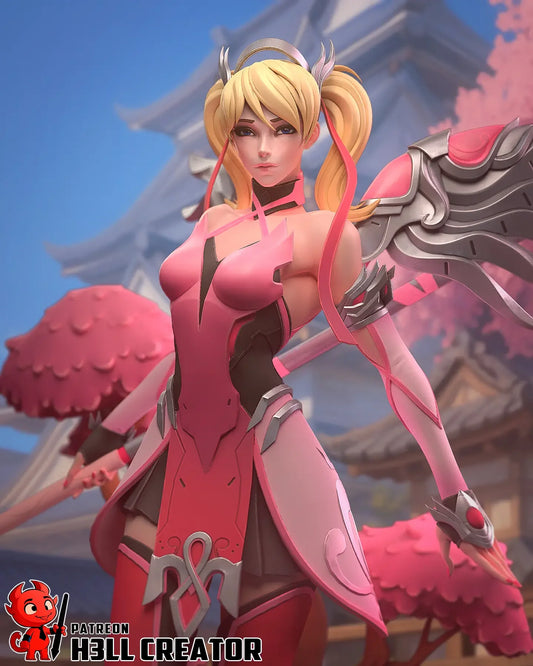 Mercy Overwatch statue close-up in pink armor with cherry blossoms