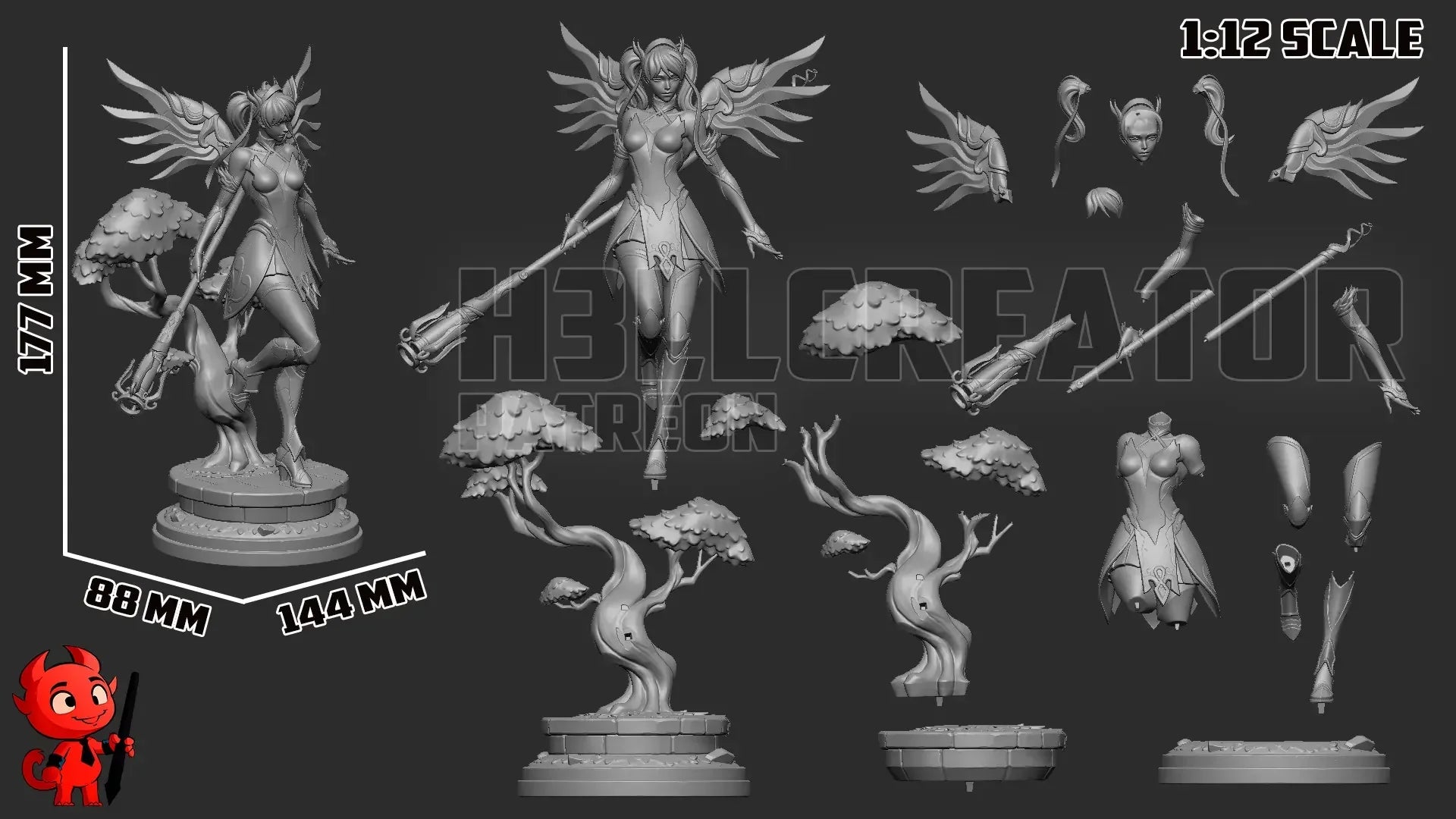 Exploded diagram and scale of Mercy Overwatch statue at 177mm