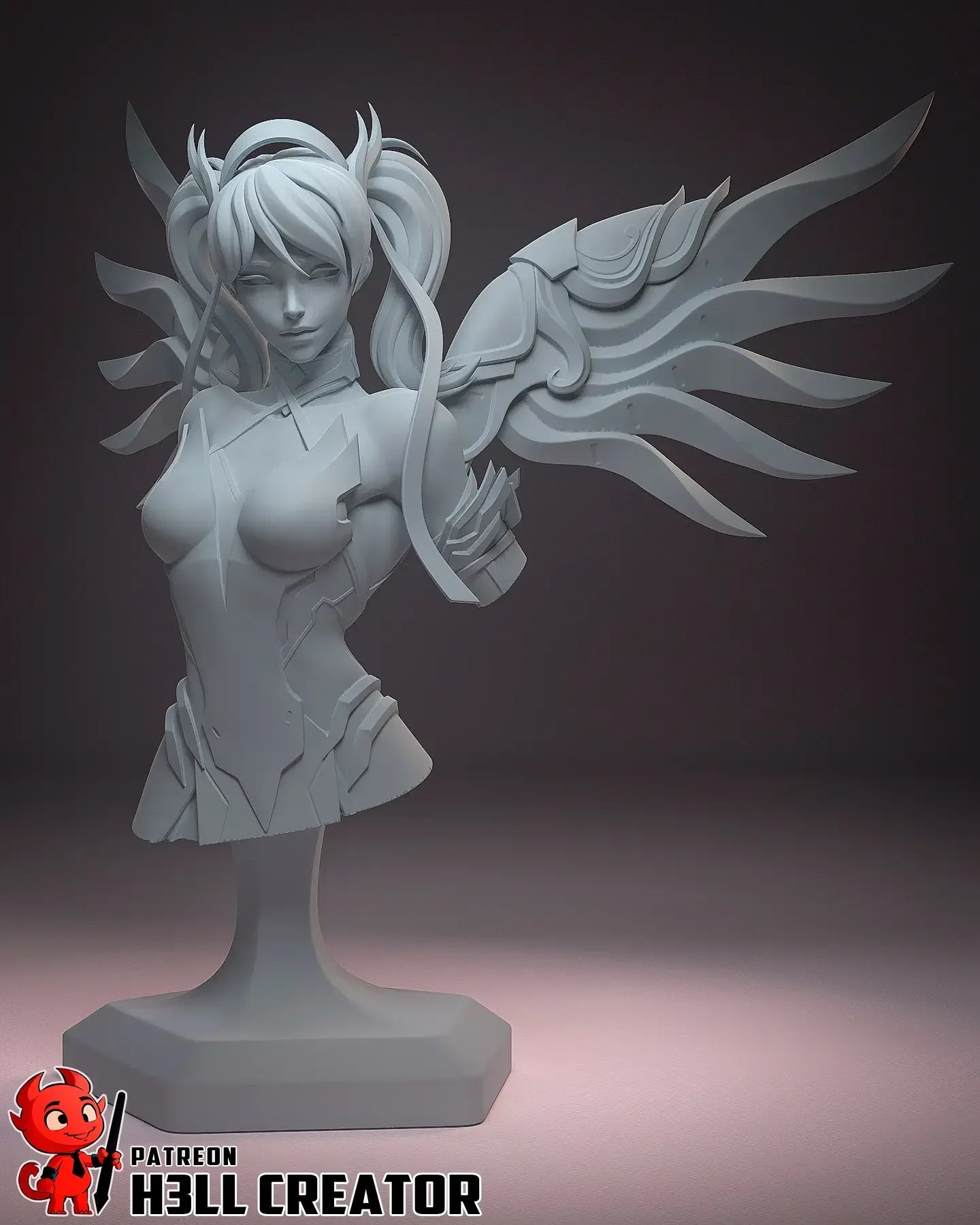 front angle of Mercy Overwatch bust highlighting armor and mechanical wings