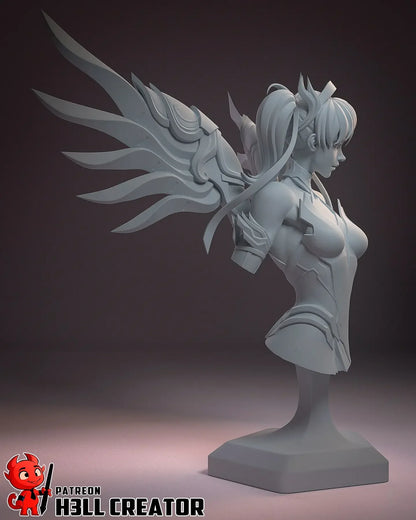 Side angle of Mercy Overwatch bust highlighting armor