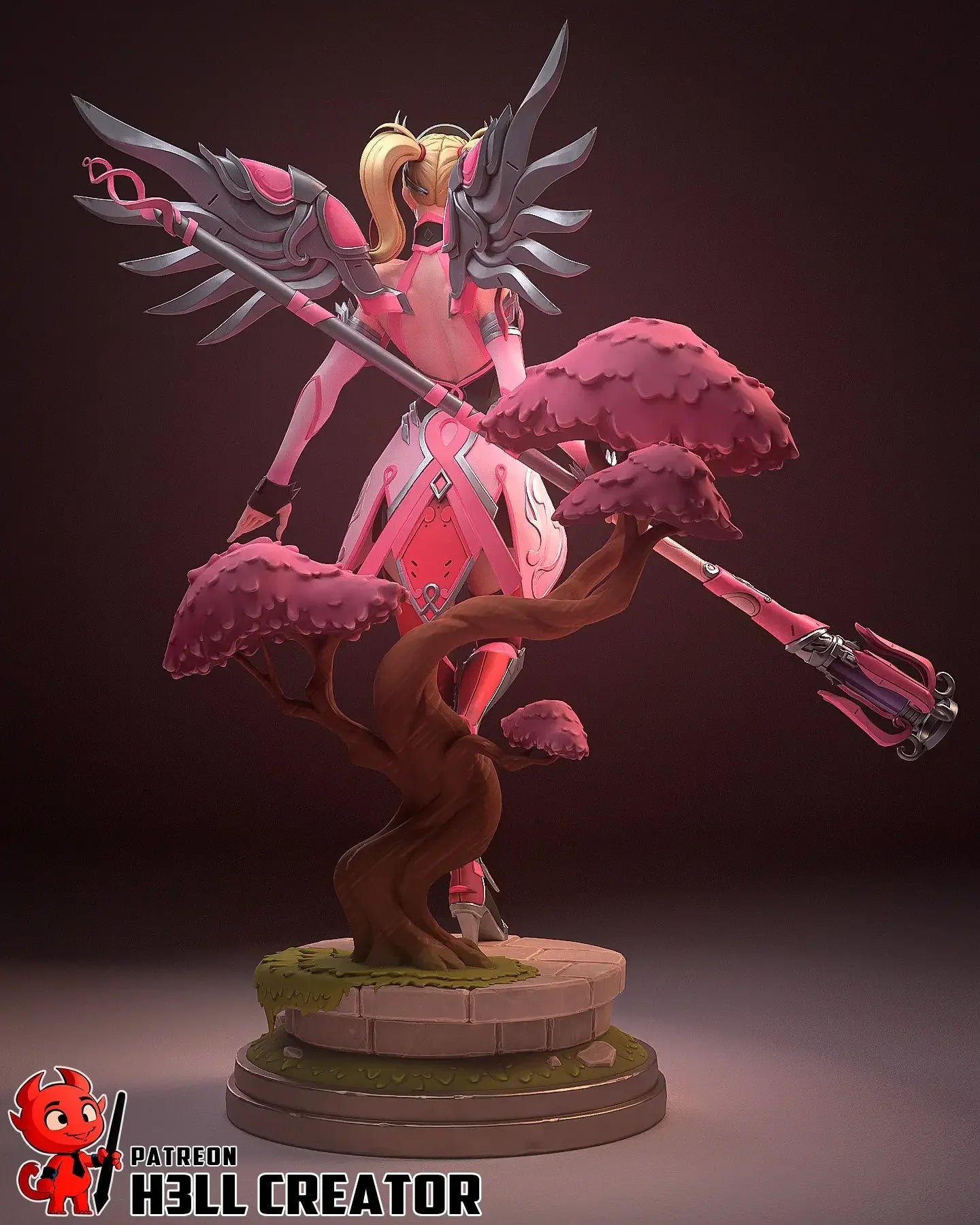Back view of Mercy Overwatch statue with mechanical wings