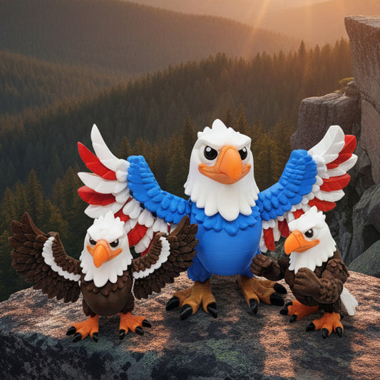 Three articulated eagle toys perched on a rocky cliff at sunset, one large patriotic Red White and Blue Winged eagle flanked by two smaller Brown Winged eagles, 3D printed collectible bird figures