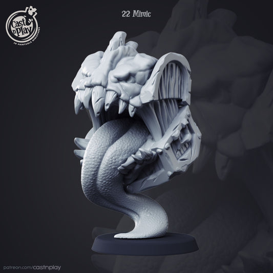 Mimic Chest resin miniature with open jaws and extended tongue in 32mm scale