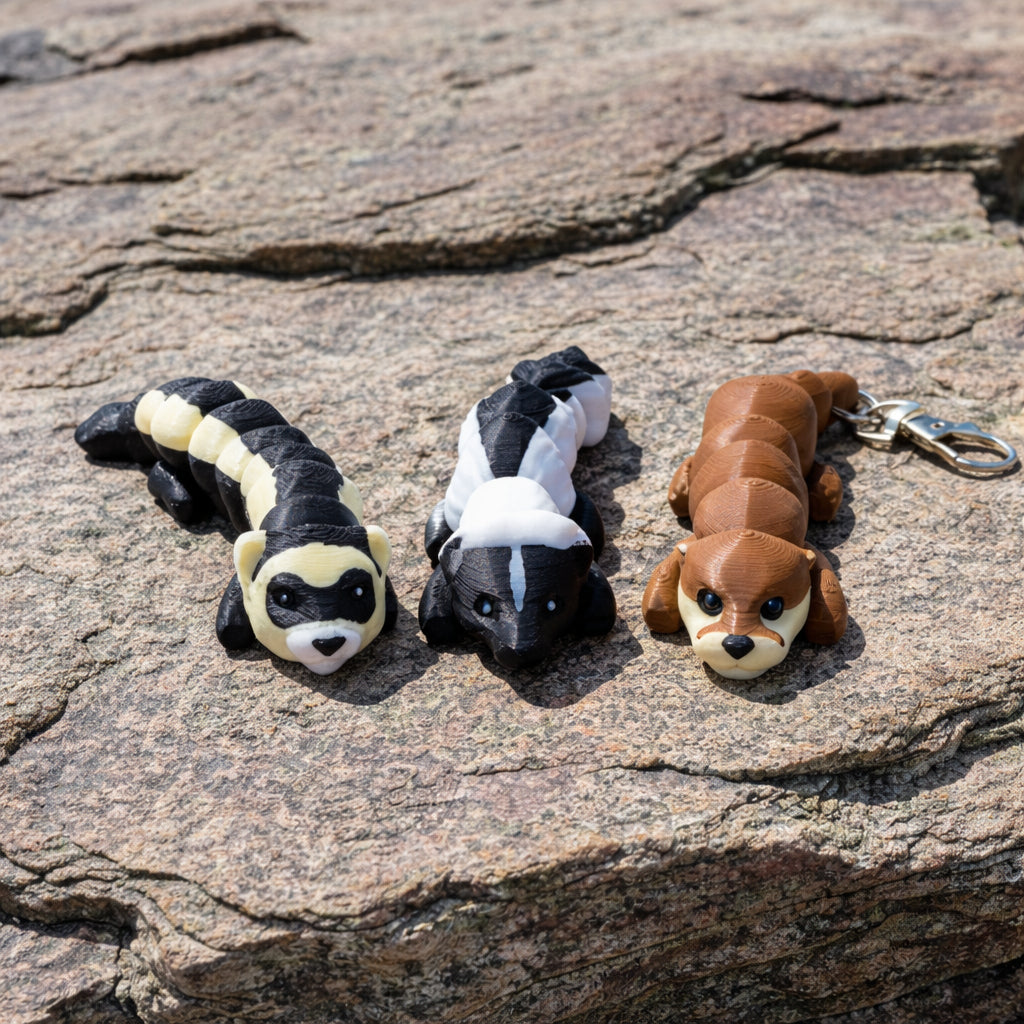 Three mini articulated animal figures displayed on a rock surface outdoors, including a black and cream ferret, a black and white skunk, and a brown otter with a metal keychain clip attached