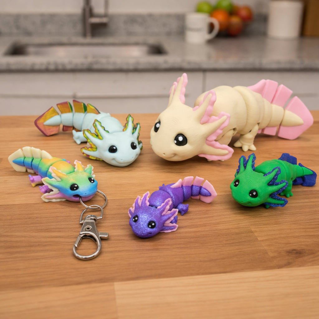Mini articulated axolotl toy and keychain set in pastel and bright colors including rainbow, purple, green, and cream, displayed on a wooden kitchen countertop with a modern home background.