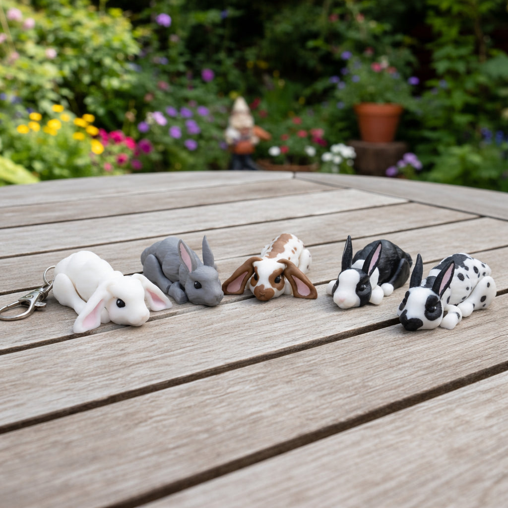 Mini articulated bunny rabbit toys in assorted colors resting on a wooden table outdoors with a blurred garden background, including a bunny keychain variant.