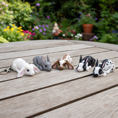 Mini articulated bunny rabbit toys in assorted colors resting on a wooden table outdoors with a blurred garden background, including a bunny keychain variant.