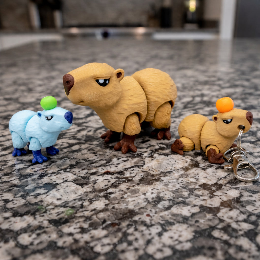 Three mini articulated capybara figures displayed on a gray granite countertop, including a small light blue capybara with a green ball on its head, a larger tan capybara standing in the center, and a tan capybara keychain with an orange ball on its head attached to a silver metal clasp