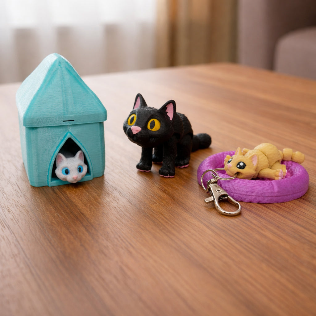 Three mini articulated cat figures displayed on a brown surface, including a black cat with yellow eyes, a small white kitten inside a teal cat house, and a yellow cat keychain resting on a purple pet bed with metal clasp