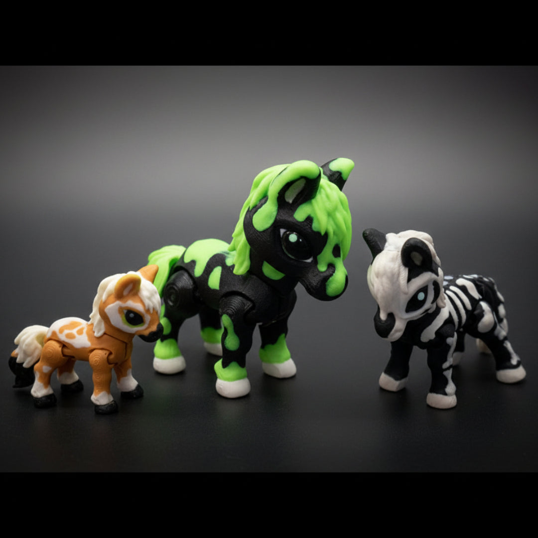 Three small spooky themed horse toys in black green and patterned colors standing on a dark moody background with a glowing neon style finish