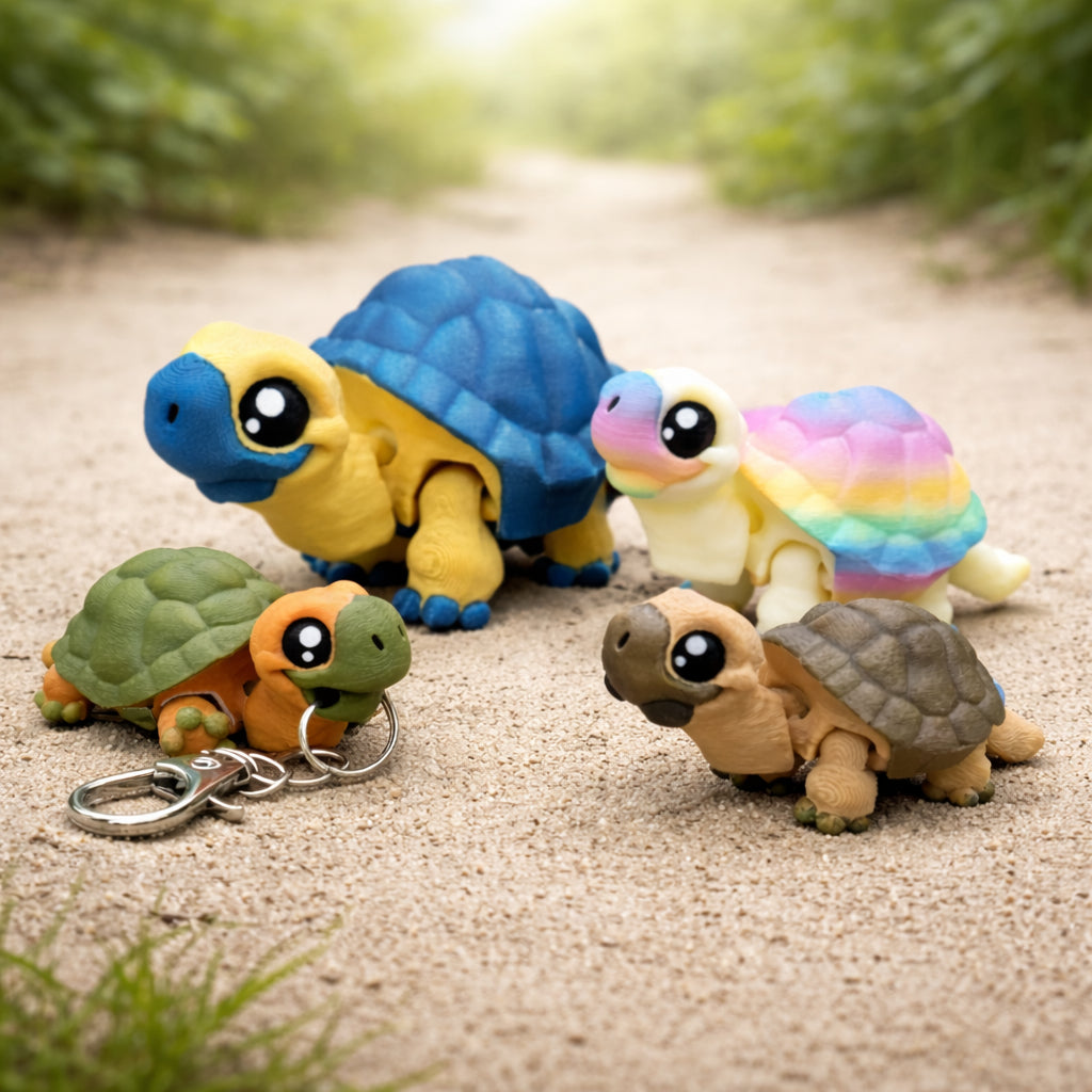 Mini tortoise articulated toy or keychain featuring small 3D printed tortoise figures in green brown blue and rainbow colors with movable joints glossy eyes and textured shells displayed on a soft neutral outdoor background for gifts accessories or sensory play