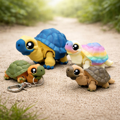 Mini tortoise articulated toy or keychain featuring small 3D printed tortoise figures in green brown blue and rainbow colors with movable joints glossy eyes and textured shells displayed on a soft neutral outdoor background for gifts accessories or sensory play