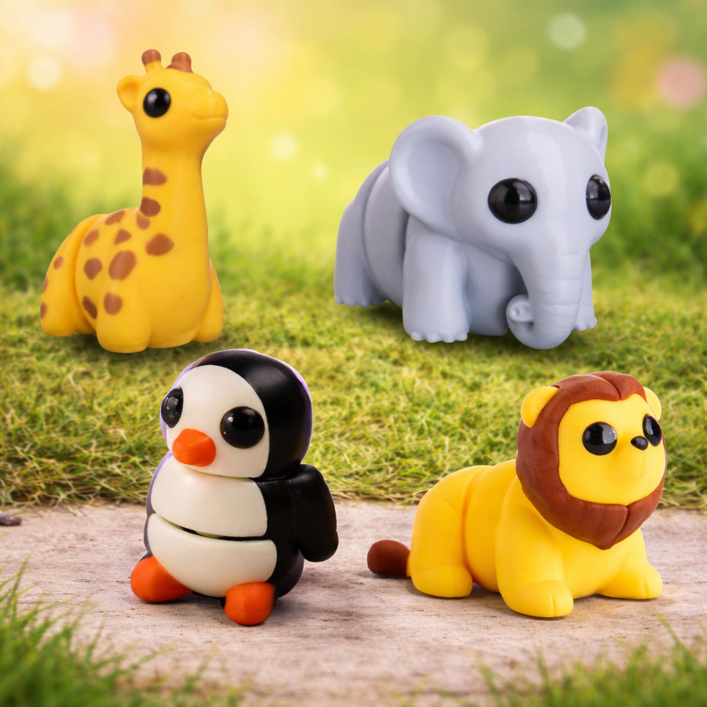 Four mini zoo animal toy figures displayed outdoors on grass and stone, including a yellow giraffe with brown spots, a gray elephant, a black and white penguin with orange beak and feet, and a yellow lion with a brown mane