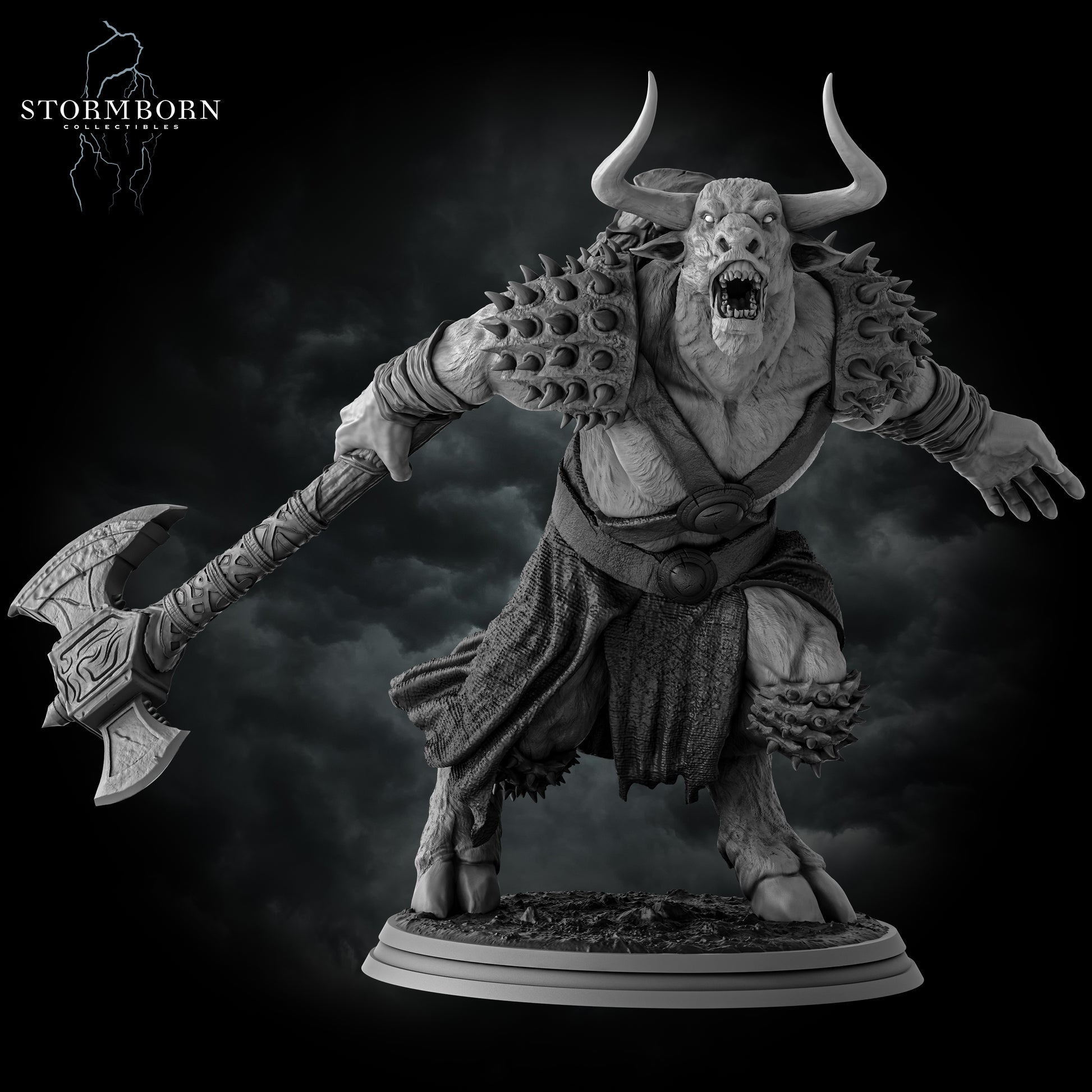 Minotaur resin miniature 32mm and 75mm scale fantasy monster figure with double axe and spiked armor – D&K Custom Prints