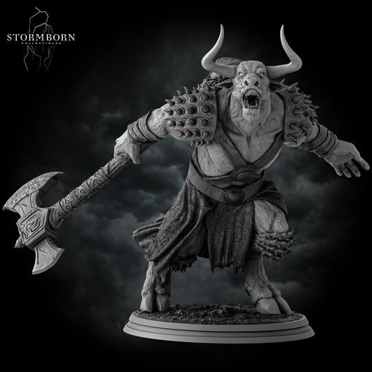 Minotaur resin miniature 32mm and 75mm scale fantasy monster figure with double axe and spiked armor – D&K Custom Prints