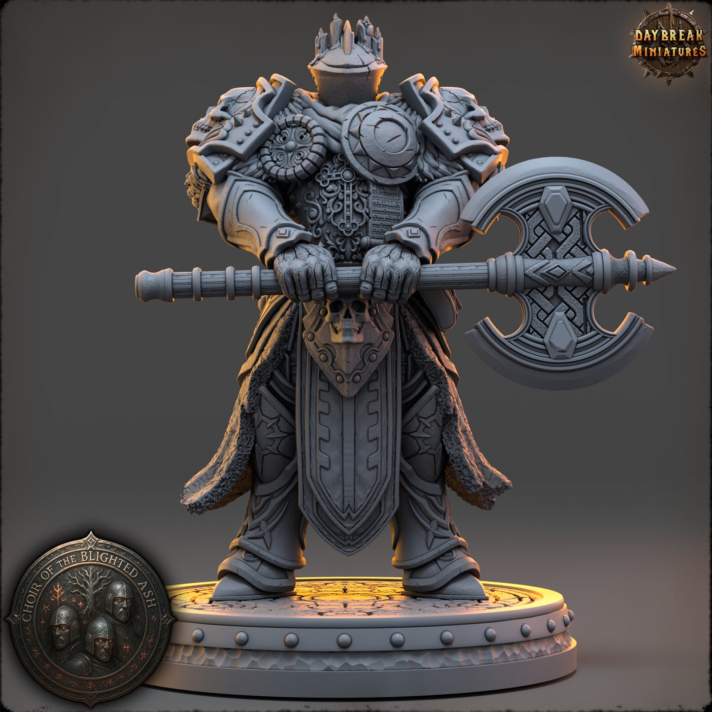 Mourn Halveck Guardian of the Blighted Ash resin miniature by Daybreak Miniatures wielding a double axe with detailed armor | D&K Custom Prints
