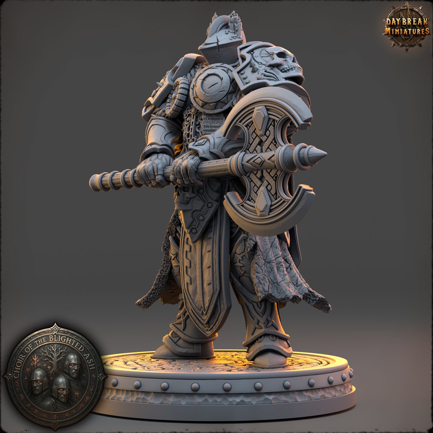 Mourn Halveck Guardian of the Blighted Ash resin miniature by Daybreak Miniatures wielding a double axe with detailed armor | D&K Custom Prints