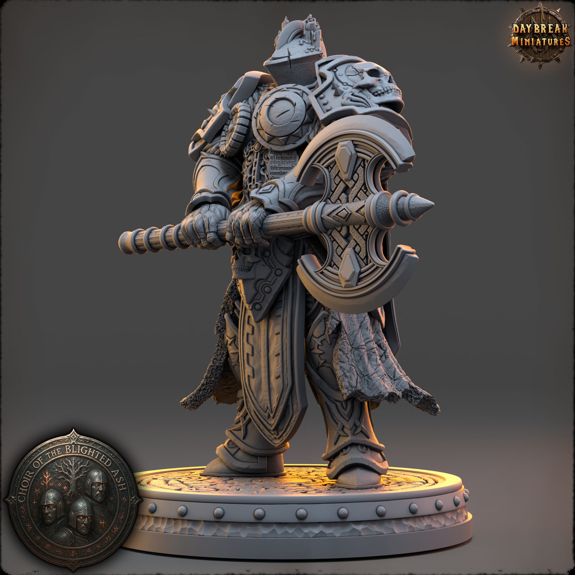 Mourn Halveck Guardian of the Blighted Ash resin miniature by Daybreak Miniatures wielding a double axe with detailed armor | D&K Custom Prints