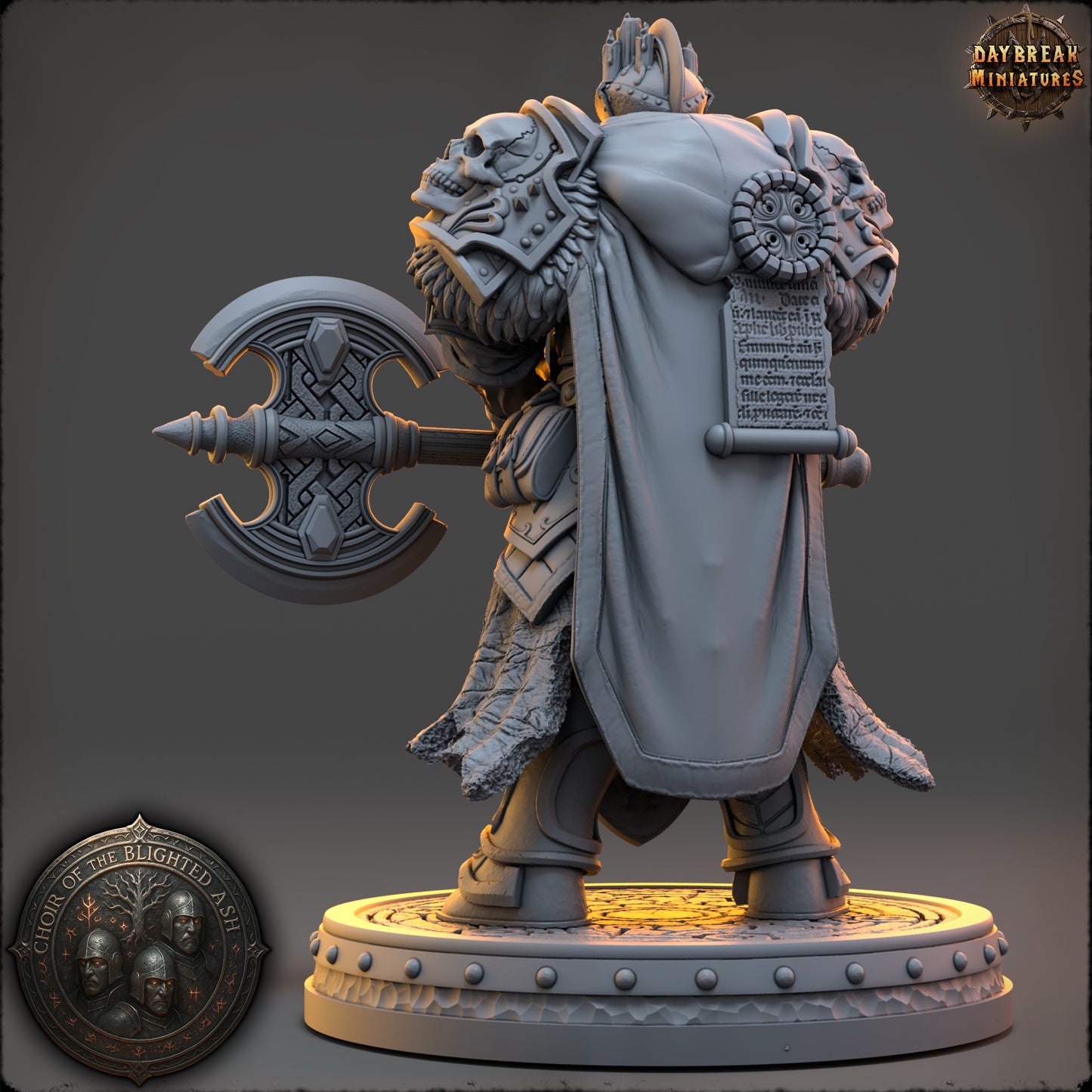 Mourn Halveck Guardian of the Blighted Ash resin miniature by Daybreak Miniatures wielding a double axe with detailed armor | D&K Custom Prints