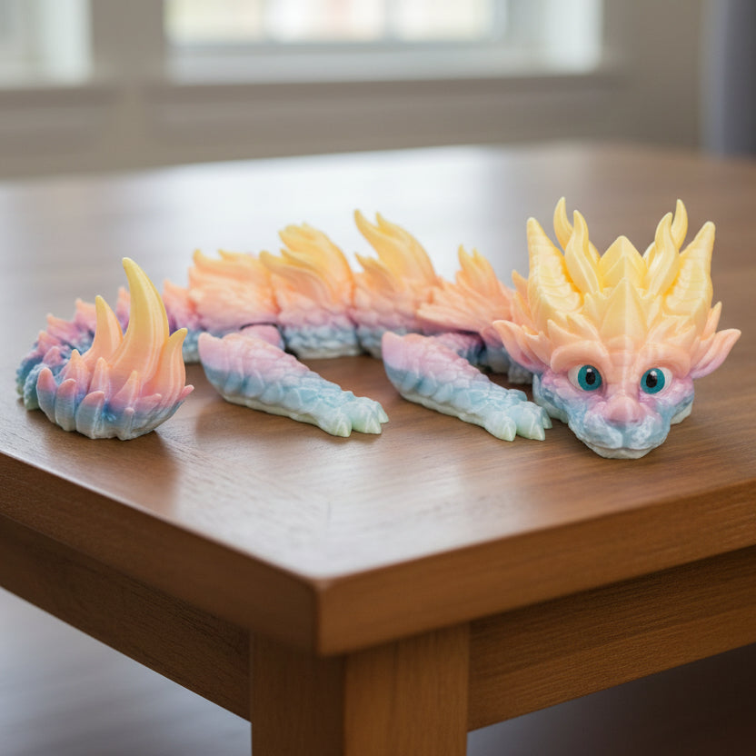 Pastel rainbow articulated baby dragon toy with large eyes and flowing mane, available in two sizes.