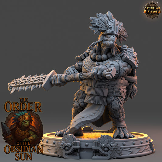 Nacatl Stormer resin miniature, tortle warrior with macuahuitl and spiked shell from the Order of the Obsidian Sun for TTRPG campaigns.