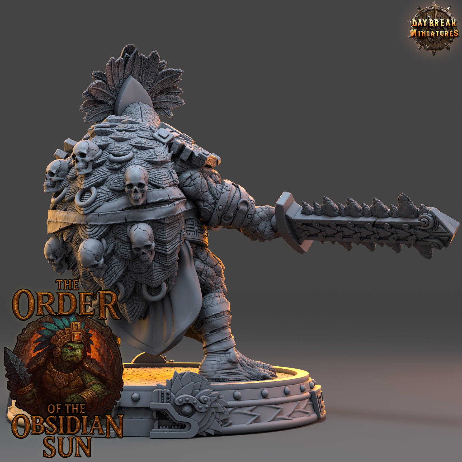 Nacatl Stormer resin miniature, tortle warrior with macuahuitl and spiked shell from the Order of the Obsidian Sun for TTRPG campaigns.