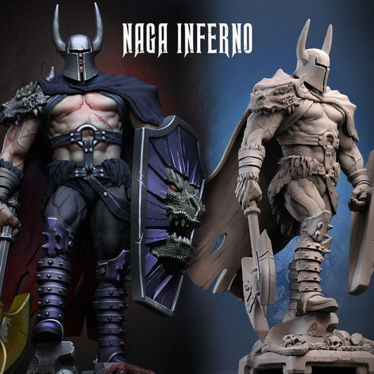 Naga Inferno Boss miniature – armored warlord with horned helmet, shield, and axe – fantasy resin figure for TTRPG or display