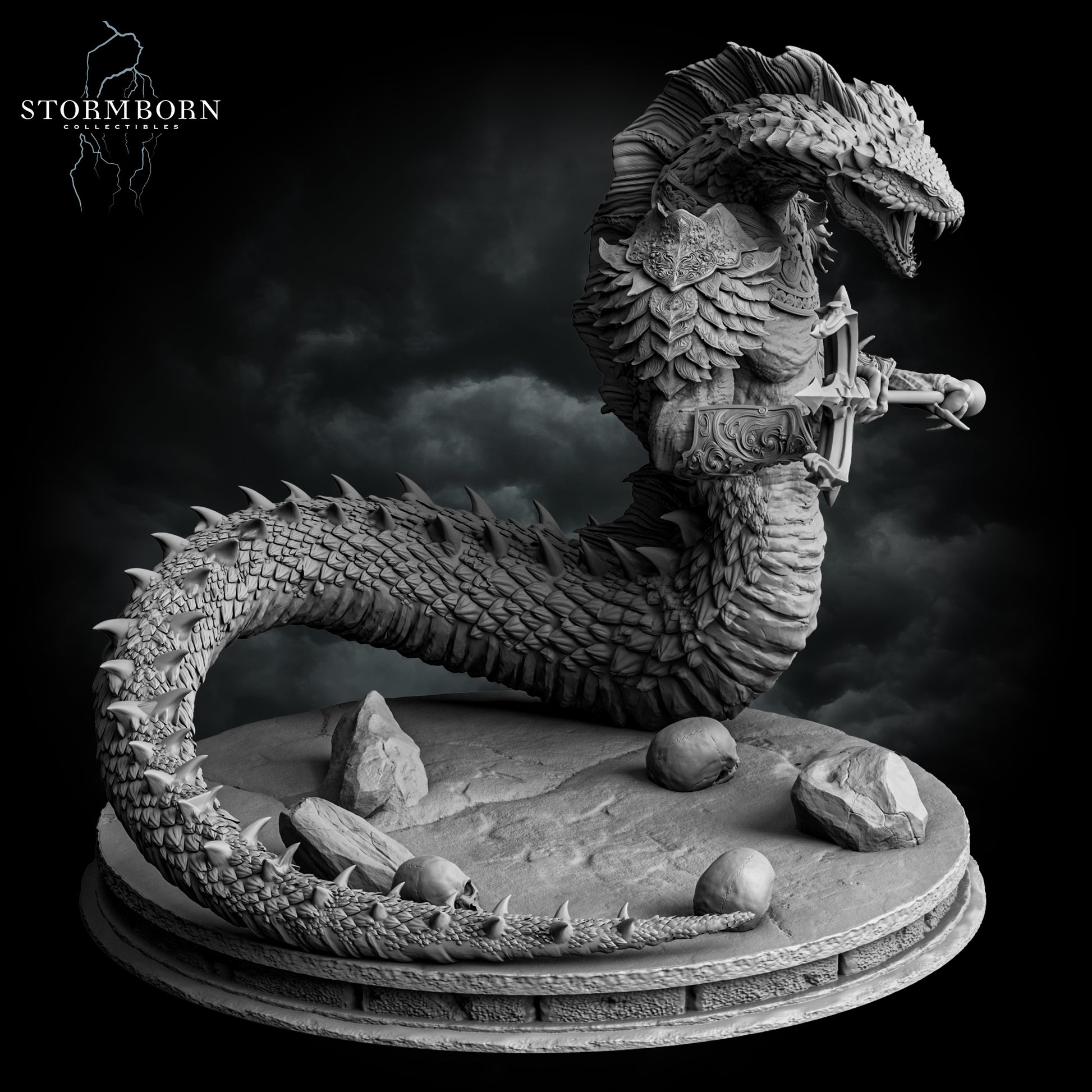 Left-side profile of the Naga miniature, showcasing the powerful coils of the snake tail and the length of the ornate spear.